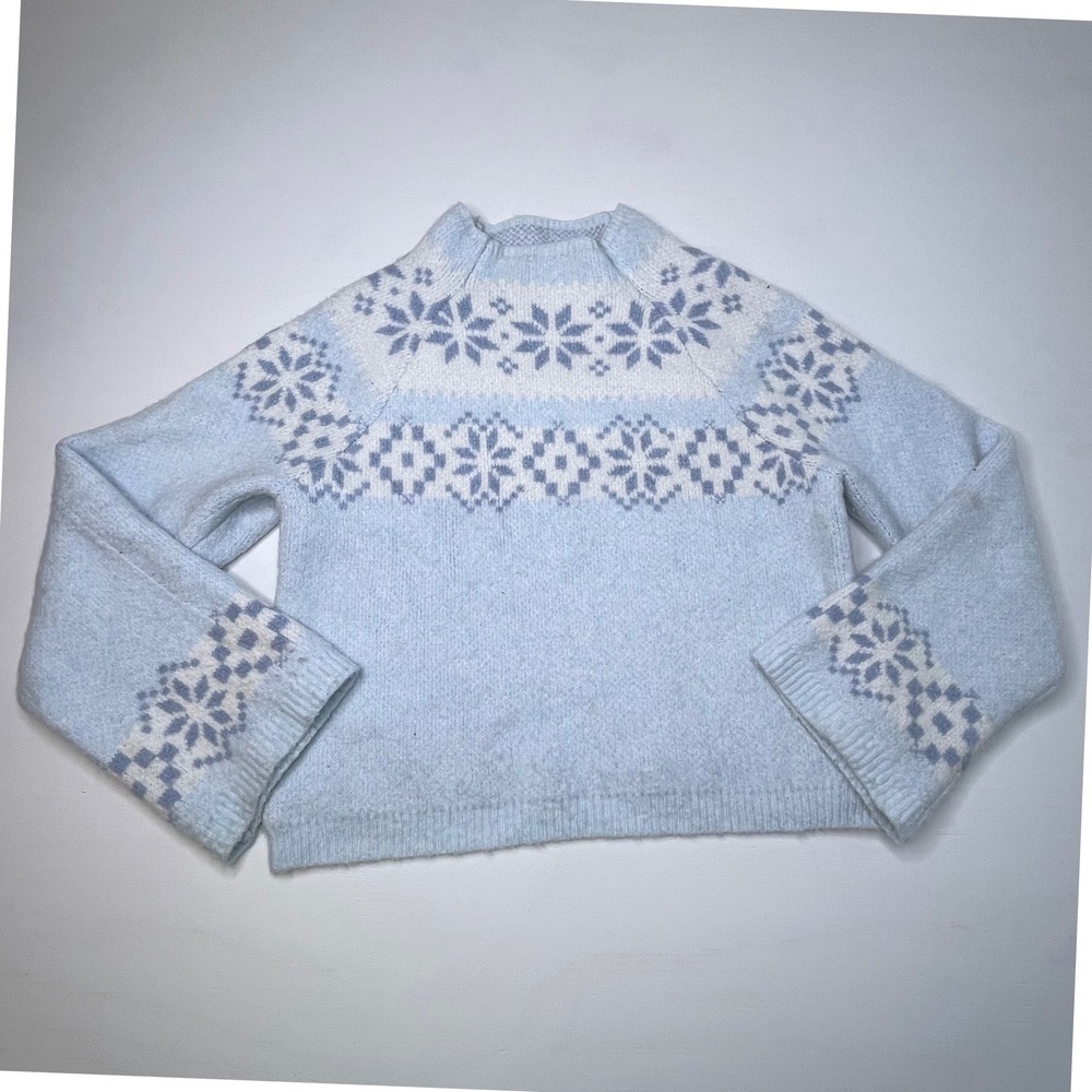 Y2K Fair Isle Mock Neck Women Sweater M Blue Nordic